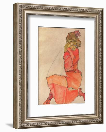 Kneeling Female in Orange-Red Dress, 1910-Egon Schiele-Framed Art Print