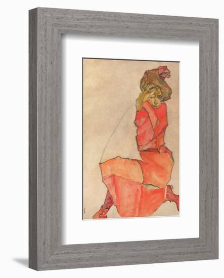 Kneeling Female in Orange-Red Dress, 1910-Egon Schiele-Framed Art Print