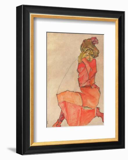 Kneeling Female in Orange-Red Dress, 1910-Egon Schiele-Framed Art Print