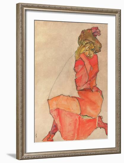 Kneeling Female in Orange-Red Dress, 1910-Egon Schiele-Framed Art Print