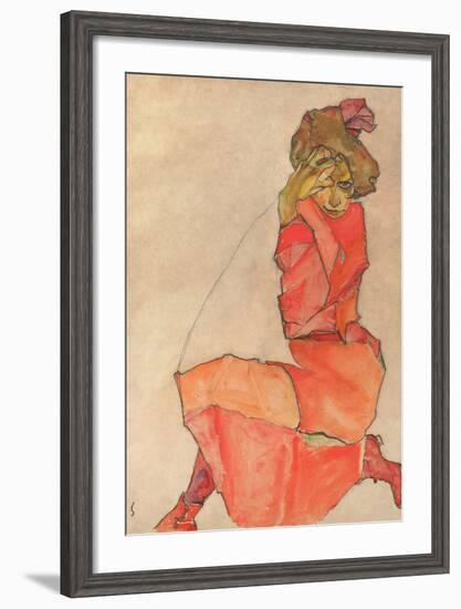 Kneeling Female in Orange-Red Dress, 1910-Egon Schiele-Framed Art Print