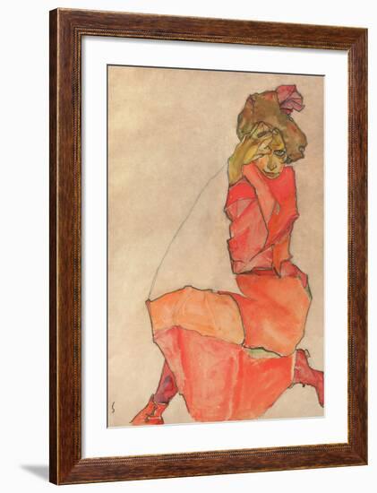 Kneeling Female in Orange-Red Dress, 1910-Egon Schiele-Framed Art Print