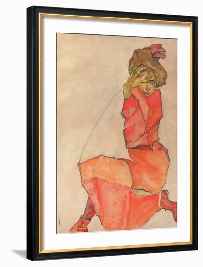 Kneeling Female in Orange-Red Dress, 1910-Egon Schiele-Framed Art Print
