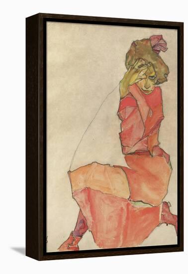 Kneeling Female in Orange-Red Dress, 1910-Egon Schiele-Framed Premier Image Canvas