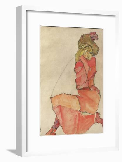 Kneeling Female in Orange-Red Dress, 1910-Egon Schiele-Framed Premium Giclee Print