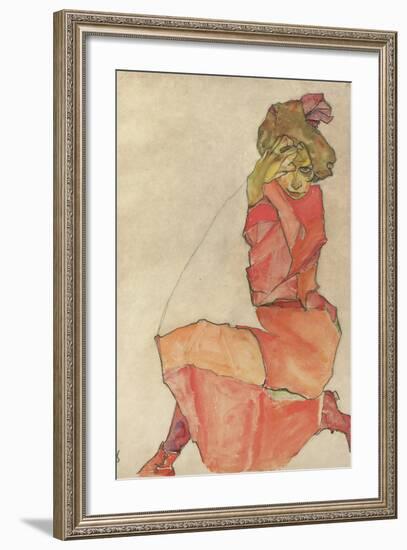 Kneeling Female in Orange-Red Dress, 1910-Egon Schiele-Framed Giclee Print