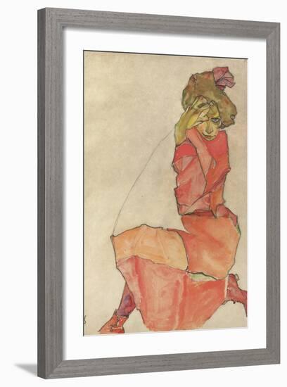 Kneeling Female in Orange-Red Dress, 1910-Egon Schiele-Framed Giclee Print