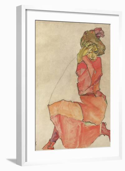 Kneeling Female in Orange-Red Dress, 1910-Egon Schiele-Framed Giclee Print