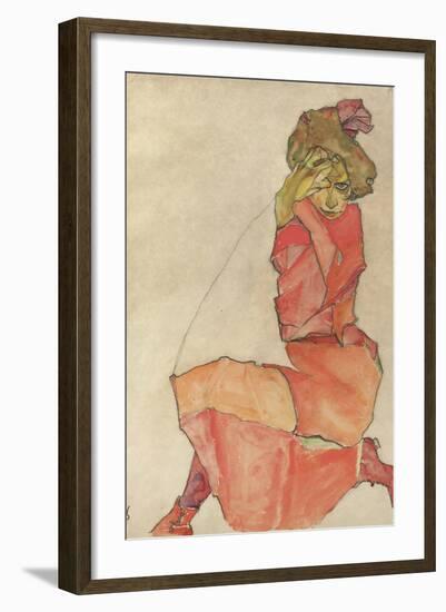 Kneeling Female in Orange-Red Dress, 1910-Egon Schiele-Framed Giclee Print