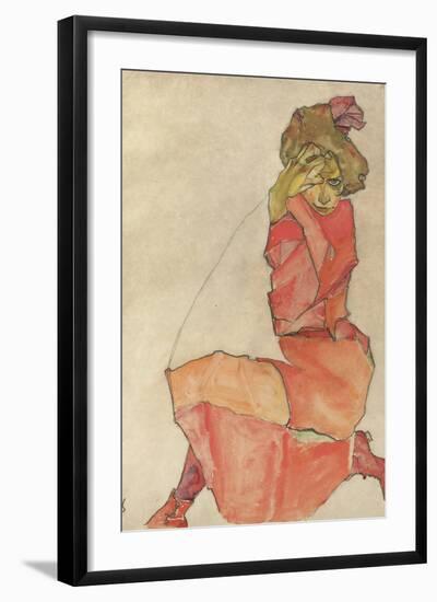 Kneeling Female in Orange-Red Dress, 1910-Egon Schiele-Framed Giclee Print