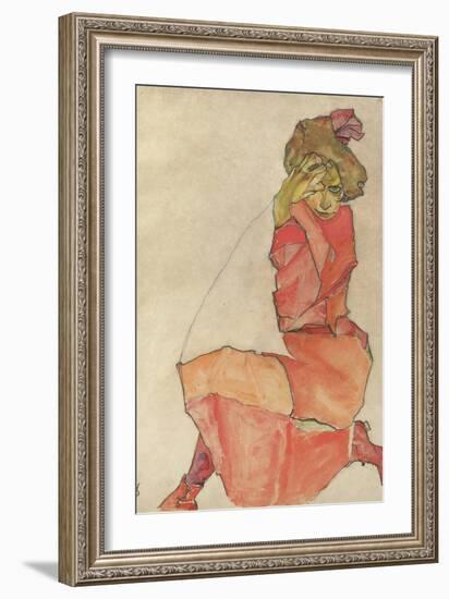 Kneeling Female in Orange-Red Dress, 1910-Egon Schiele-Framed Giclee Print