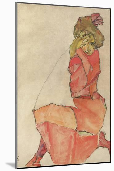 Kneeling Female in Orange-Red Dress, 1910-Egon Schiele-Mounted Giclee Print