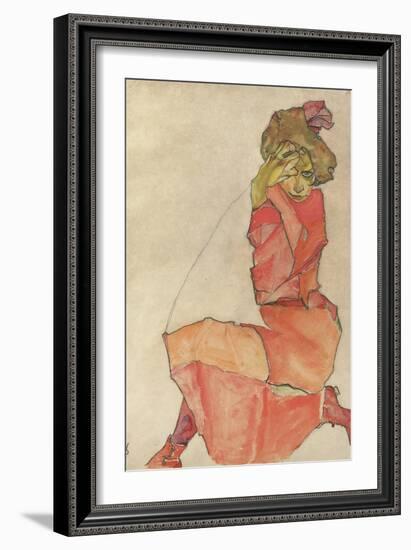 Kneeling Female in Orange-Red Dress, 1910-Egon Schiele-Framed Giclee Print