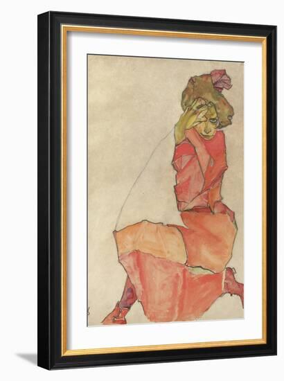 Kneeling Female in Orange-Red Dress, 1910-Egon Schiele-Framed Giclee Print