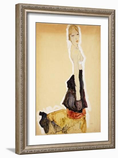 Kneeling Girl with Spanish Skirt; Knieendes Madchenmit Spanischem Rock, 1911-Egon Schiele-Framed Giclee Print