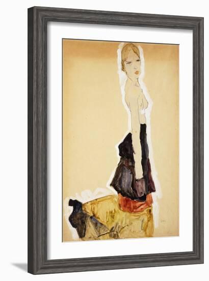 Kneeling Girl with Spanish Skirt; Knieendes Madchenmit Spanischem Rock, 1911-Egon Schiele-Framed Giclee Print