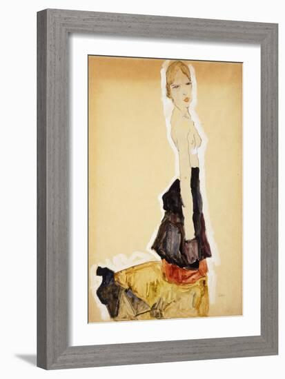 Kneeling Girl with Spanish Skirt; Knieendes Madchenmit Spanischem Rock, 1911-Egon Schiele-Framed Giclee Print