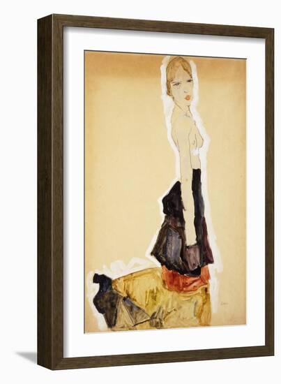 Kneeling Girl with Spanish Skirt; Knieendes Madchenmit Spanischem Rock, 1911-Egon Schiele-Framed Giclee Print