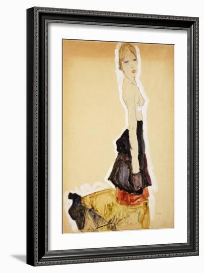 Kneeling Girl with Spanish Skirt; Knieendes Madchenmit Spanischem Rock, 1911-Egon Schiele-Framed Giclee Print