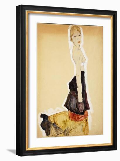 Kneeling Girl with Spanish Skirt; Knieendes Madchenmit Spanischem Rock, 1911-Egon Schiele-Framed Giclee Print