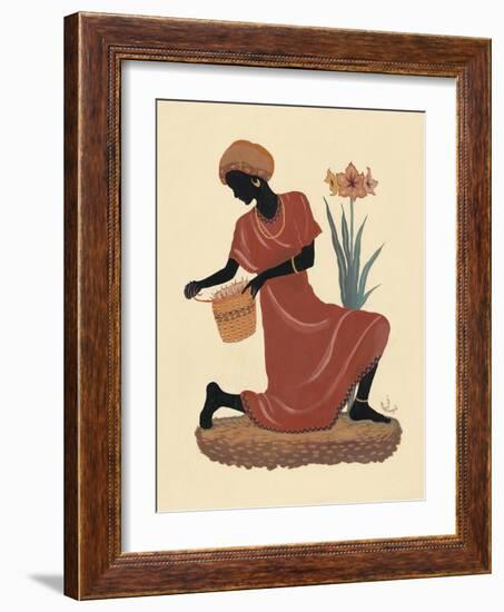 Kneeling Left Weaving Basket - Orange Dress-Judy Mastrangelo-Framed Giclee Print