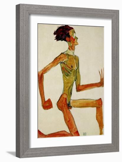 Kneeling Male Nude, in Profile Facing Right, 1910-Egon Schiele-Framed Giclee Print