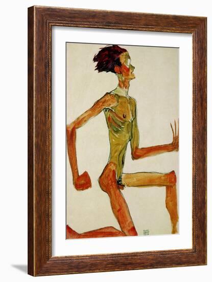 Kneeling Male Nude, in Profile Facing Right, 1910-Egon Schiele-Framed Giclee Print