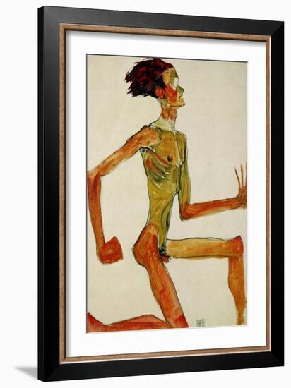 Kneeling Male Nude, in Profile Facing Right, 1910-Egon Schiele-Framed Giclee Print