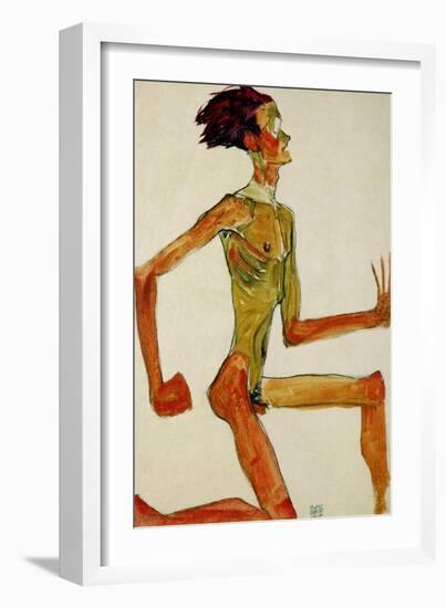 Kneeling Male Nude, in Profile Facing Right, 1910-Egon Schiele-Framed Giclee Print