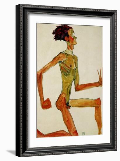 Kneeling Male Nude, in Profile Facing Right, 1910-Egon Schiele-Framed Giclee Print