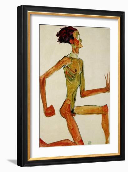 Kneeling Male Nude, in Profile Facing Right, 1910-Egon Schiele-Framed Giclee Print