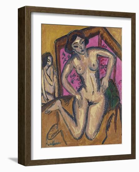 Kneeling Nude in Front of Red Screen, Ca 1911-1912-Ernst Ludwig Kirchner-Framed Giclee Print