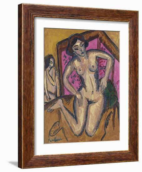 Kneeling Nude in Front of Red Screen, Ca 1911-1912-Ernst Ludwig Kirchner-Framed Giclee Print