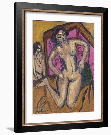 Kneeling Nude in Front of Red Screen, Ca 1911-1912-Ernst Ludwig Kirchner-Framed Giclee Print