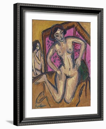 Kneeling Nude in Front of Red Screen, Ca 1911-1912-Ernst Ludwig Kirchner-Framed Giclee Print