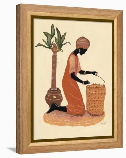 Kneeling Right Weaving Basket - Orange Dress-Judy Mastrangelo-Framed Premier Image Canvas