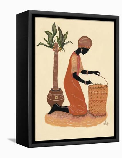 Kneeling Right Weaving Basket - Orange Dress-Judy Mastrangelo-Framed Premier Image Canvas