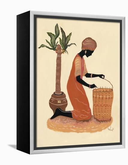 Kneeling Right Weaving Basket - Orange Dress-Judy Mastrangelo-Framed Premier Image Canvas