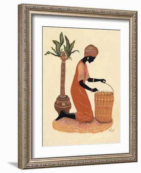 Kneeling Right Weaving Basket - Orange Dress-Judy Mastrangelo-Framed Giclee Print