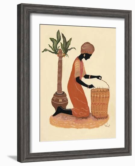 Kneeling Right Weaving Basket - Orange Dress-Judy Mastrangelo-Framed Giclee Print