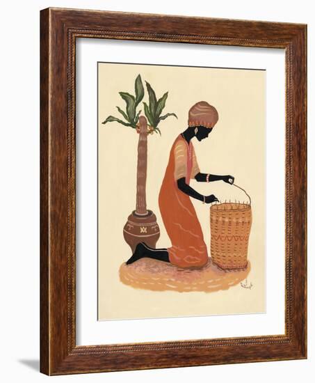 Kneeling Right Weaving Basket - Orange Dress-Judy Mastrangelo-Framed Giclee Print