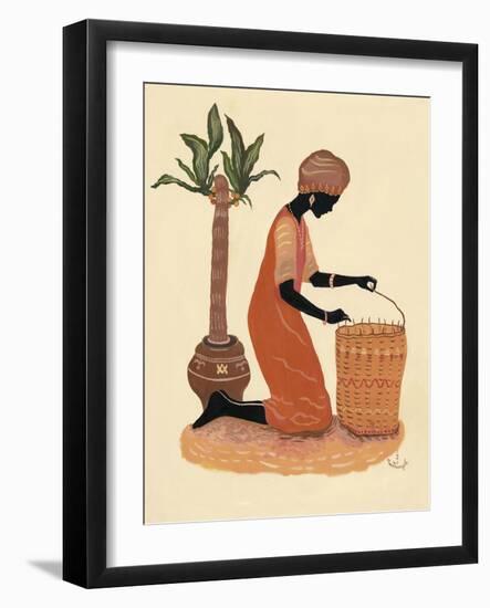 Kneeling Right Weaving Basket - Orange Dress-Judy Mastrangelo-Framed Giclee Print