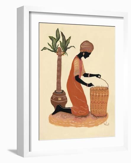 Kneeling Right Weaving Basket - Orange Dress-Judy Mastrangelo-Framed Giclee Print