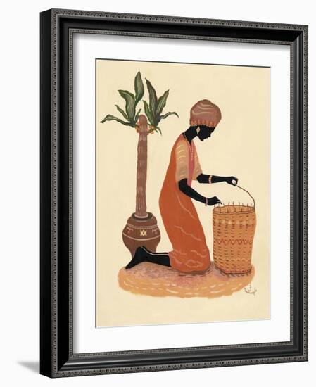 Kneeling Right Weaving Basket - Orange Dress-Judy Mastrangelo-Framed Giclee Print