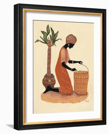 Kneeling Right Weaving Basket - Orange Dress-Judy Mastrangelo-Framed Giclee Print