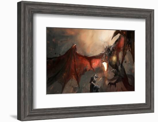 Knight Fighting Fire Dragon-null-Framed Art Print