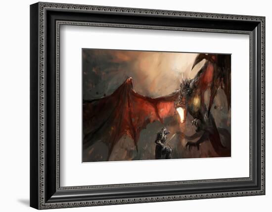 Knight Fighting Fire Dragon-null-Framed Art Print