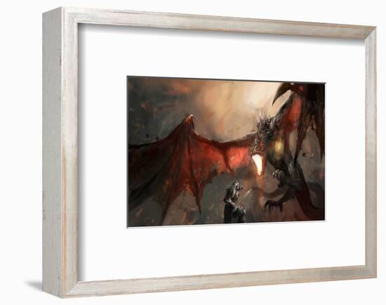 Knight Fighting Fire Dragon-null-Framed Art Print