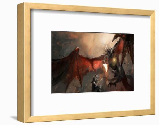 Knight Fighting Fire Dragon-null-Framed Art Print