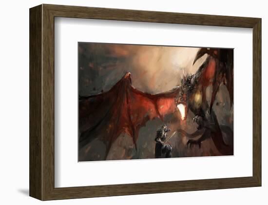 Knight Fighting Fire Dragon-null-Framed Art Print